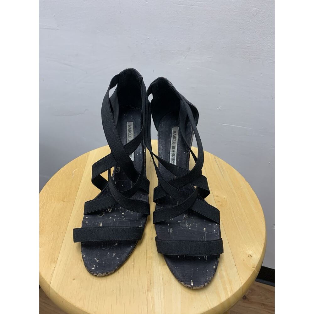 Manolo Blahnik Black CORK Gold Flecks STRAPPY Sandals Stilettos 38 US 8